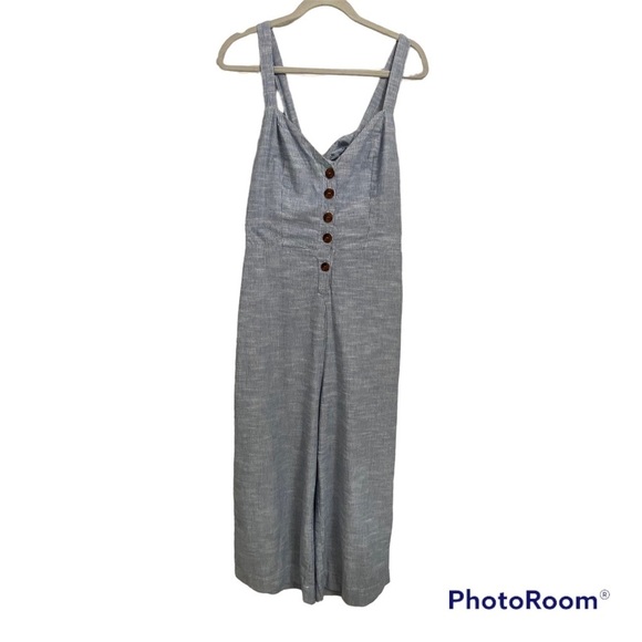 REBELLION / Chambray & White Striped Wide Leg Cropped Sleeveless Jumpsuit Size L - Picture 1 of 9